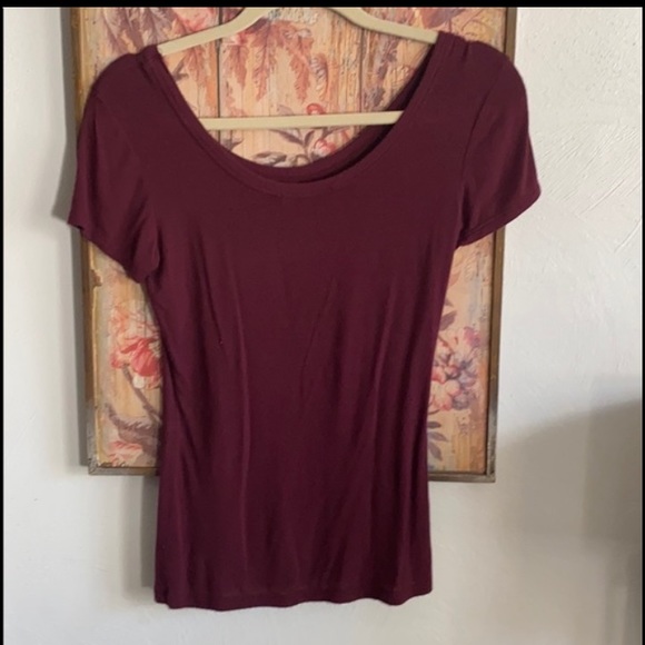 AMERICAN DREAM STRETCH OXBLOOD RED BODYCON TOP SCOOP NECK TOP SHORT SLEEVES - Picture 1 of 5